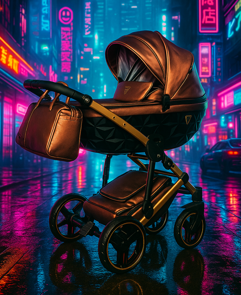 Junama Fluo Line — futurystyczny, luksusowy wózek dziecięcy w kolorze miedziano-czarnym z neonowym, deszczowym tłem miejskim.